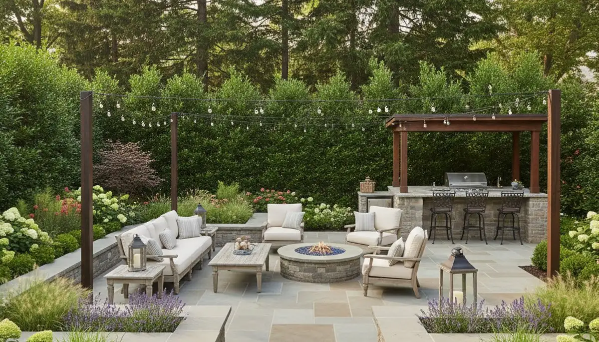 Backyard patio landscape design with lighting and plantings by Chop Chop Landscaping in Highland Park, IL
