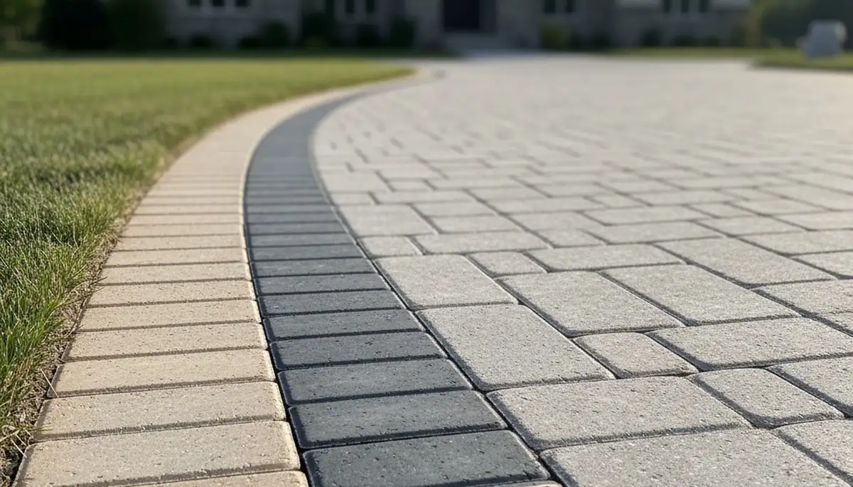 Decorative driveway paver border with soldier course edging in Highland Park, IL landscaping project