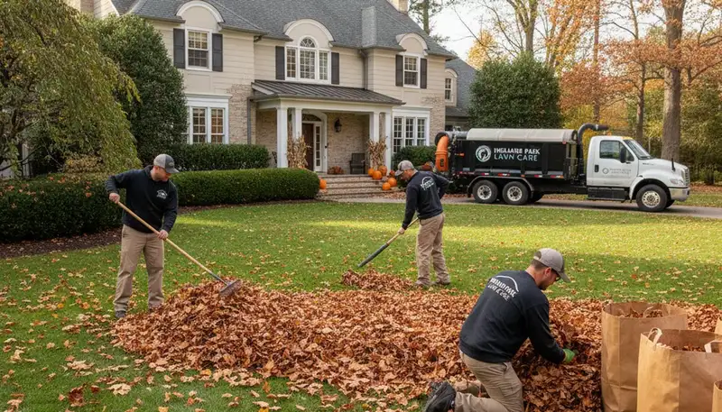 Landscapers raking and bagging autumn leaves during yard clean up in Highland Park, IL