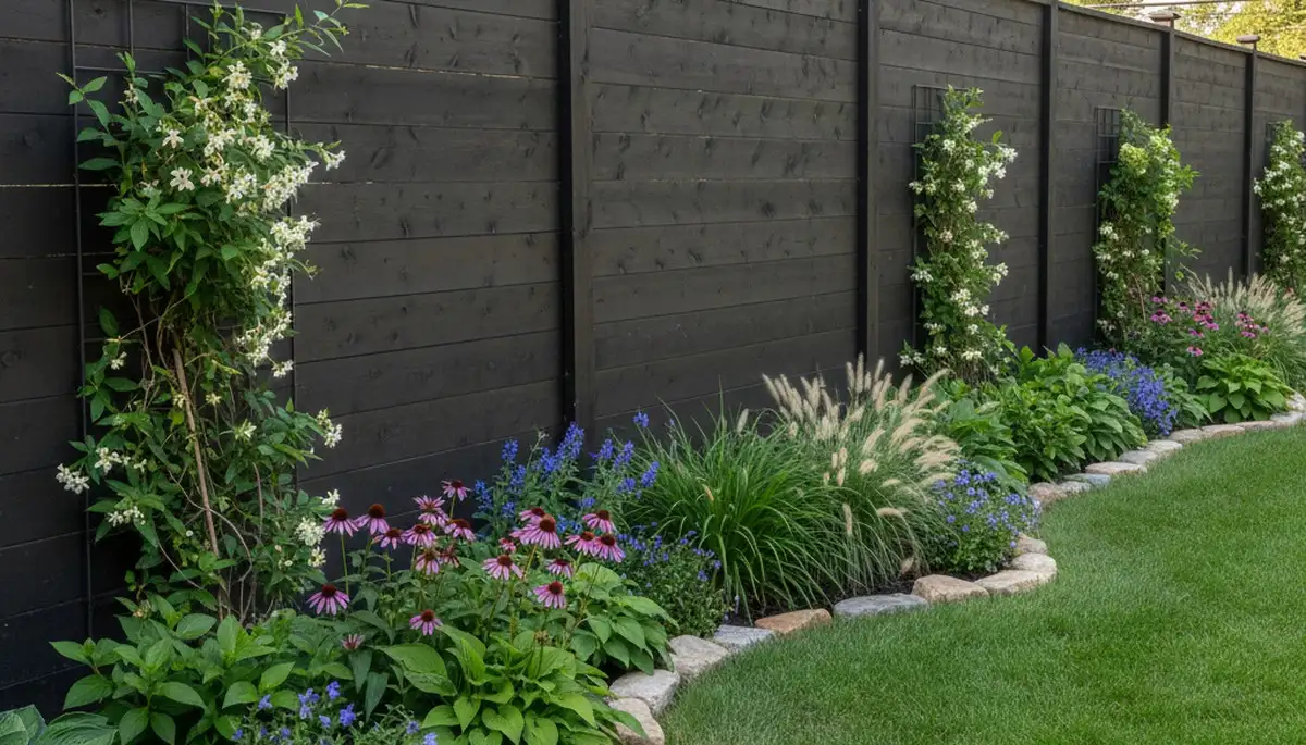 Modern fence with integrated landscape plantings in Highland Park, IL by Chop Chop Landscaping