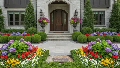 Front yard landscaping with colorful plants and shaped shrubs in Highland Park, IL boosting curb appeal