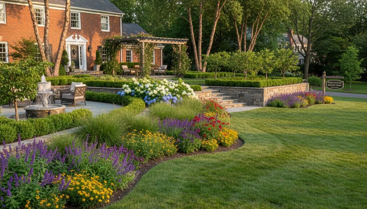 Full property landscape design with lush lawn and stone paths in Highland Park, IL