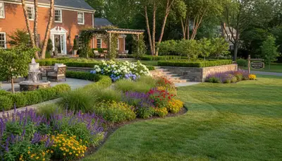 Full property landscape design with lush lawn and stone paths in Highland Park, IL