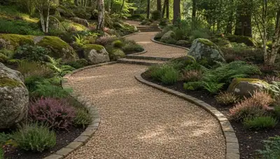 Pea gravel garden path in Highland Park, IL with professional landscaping and natural drainage design