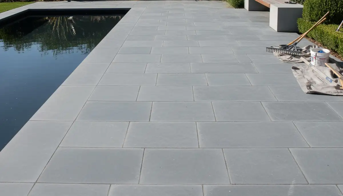 Modern large format stone slab patio installation by Chop Chop Landscaping in Highland Park, IL