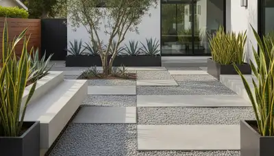 Modern minimalist pea gravel landscape design in Highland Park, IL by Chop Chop Landscaping