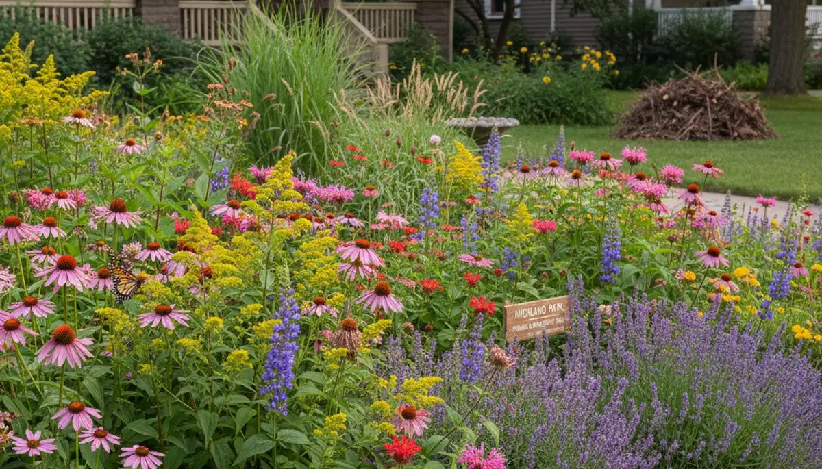 Vibrant native pollinator garden with bee-friendly flowers by organic landscapers in Highland Park, IL
