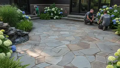 Flagstone patio with natural slate pavers professionally installed in Highland Park, IL landscaping project