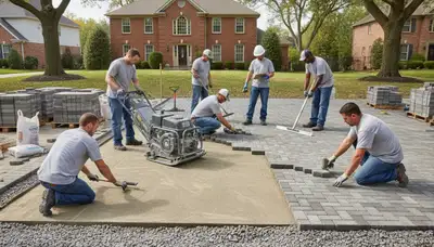 Crew installing driveway pavers in Highland Park, IL with precise base prep and leveling by landscaping experts
