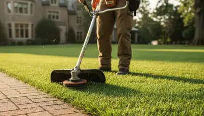 Technician edging Highland Park, IL lawn with string trimmer for precise, professional landscaping finish