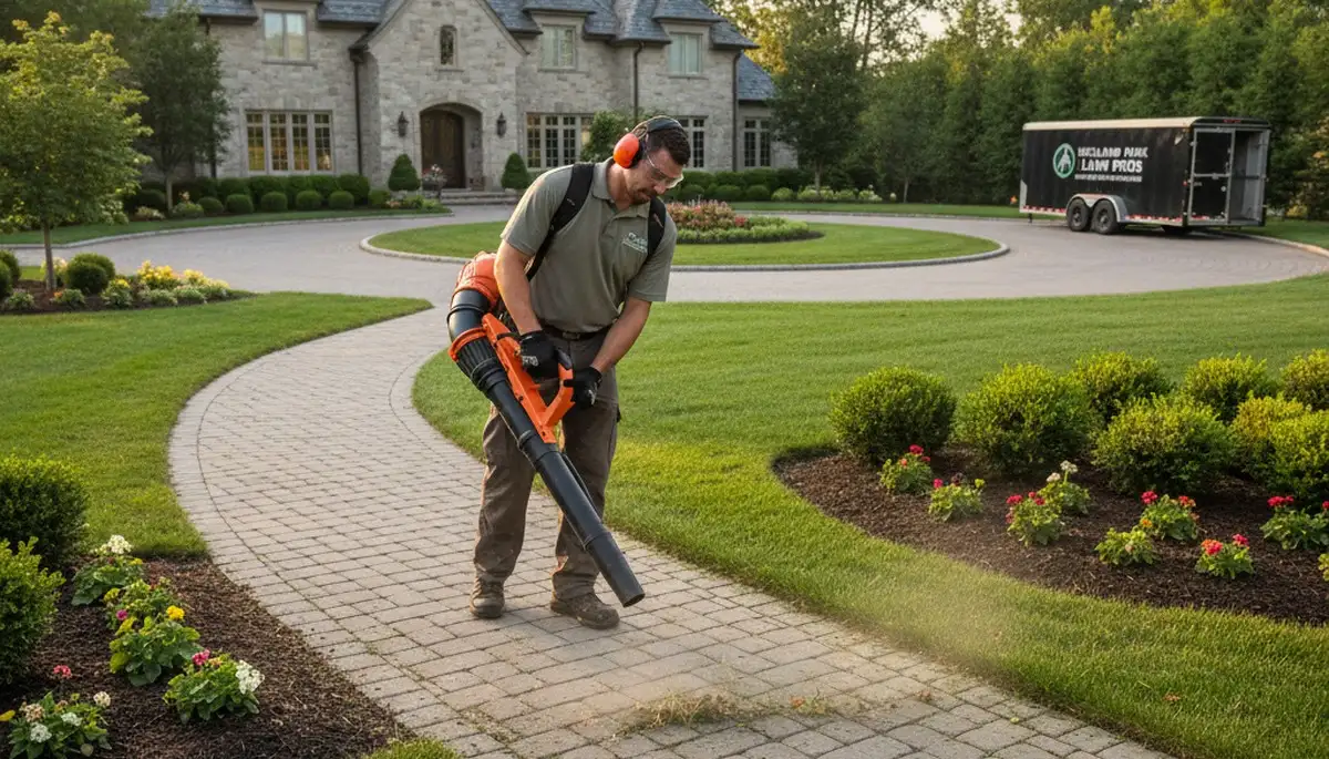 Technician using leaf blower for final lawn cleanup at Highland Park IL property by Chop Chop Landscaping