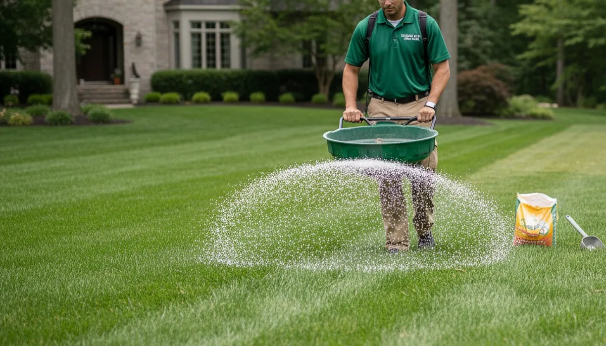 Professional lawn care technician spreading fertilizer on a lawn in Highland Park, IL