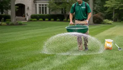 Professional lawn care technician spreading fertilizer on a lawn in Highland Park, IL
