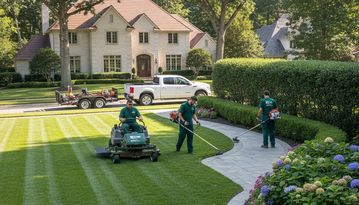 Professional lawn maintenance crew mowing and edging a Highland Park IL residential lawn
