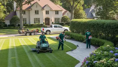 Professional lawn maintenance crew mowing and edging a Highland Park IL residential lawn