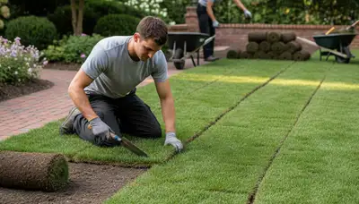 Professional landscaper installing sod with staggered seams on Highland Park IL lawn for seamless finish