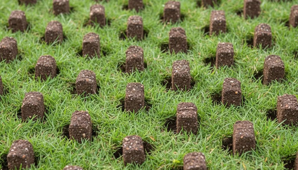 Close-up of soil core plugs after lawn aeration by Chop Chop Landscaping in Highland Park, IL