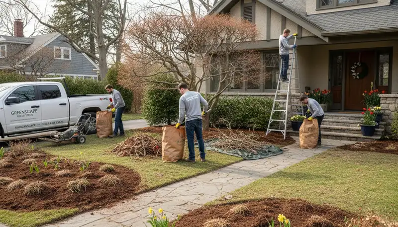 Spring yard clean up with debris removal and pruning by Chop Chop Landscaping in Highland Park, IL