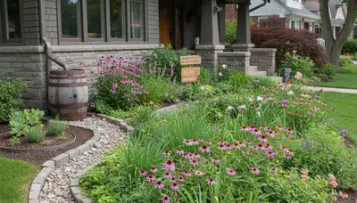 Rain garden with sustainable water system by organic landscapers in Highland Park, IL