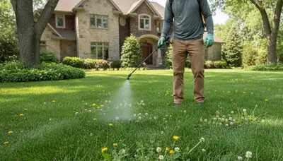 Lawn care technician applying targeted weed control on residential yard in Highland Park, IL