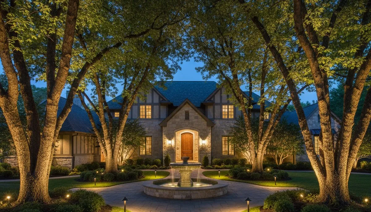 Mature trees with uplighting design by Chop Chop Landscaping in Highland Park, IL enhancing nighttime appeal